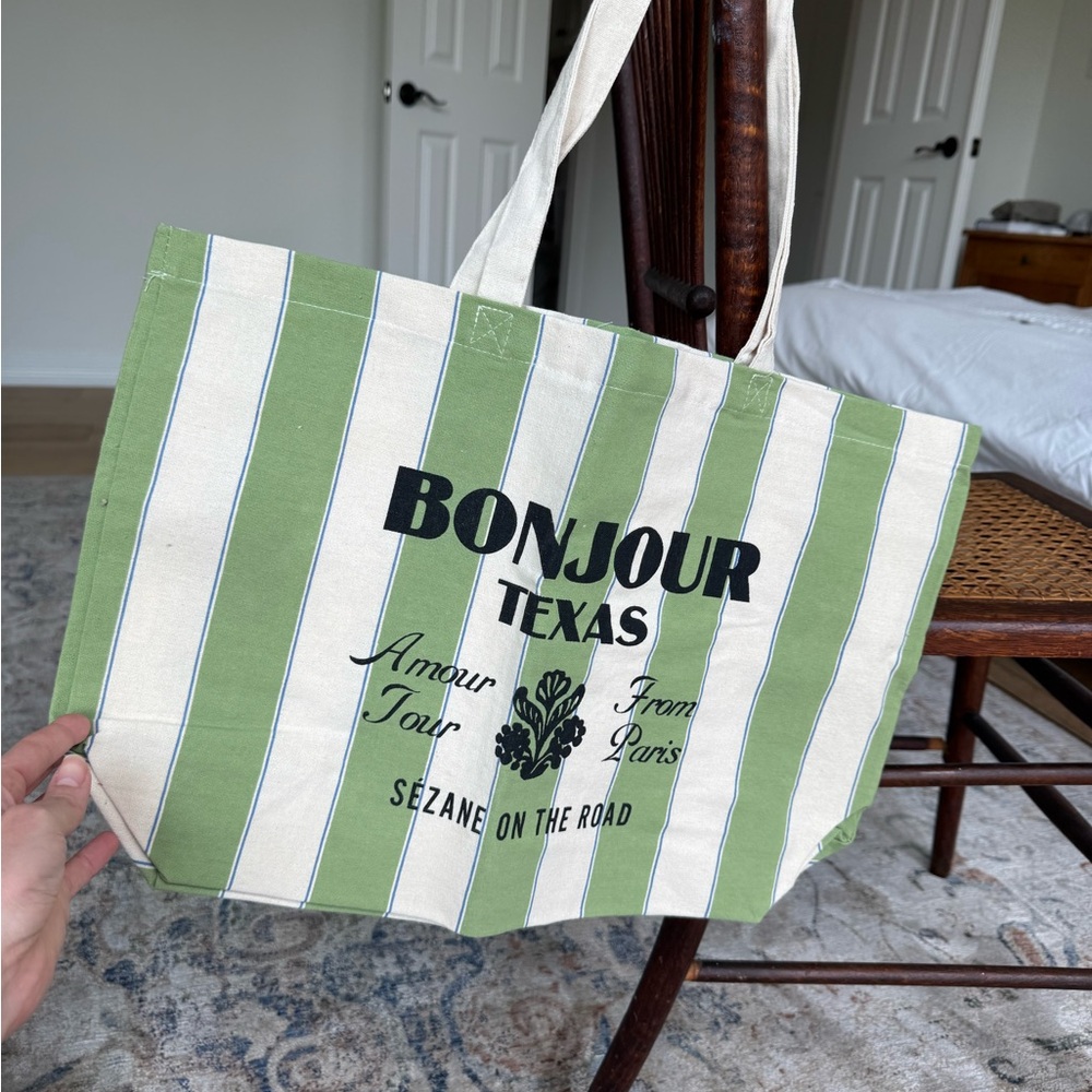 Sezane Bonjour Texas Green and Cream Tote